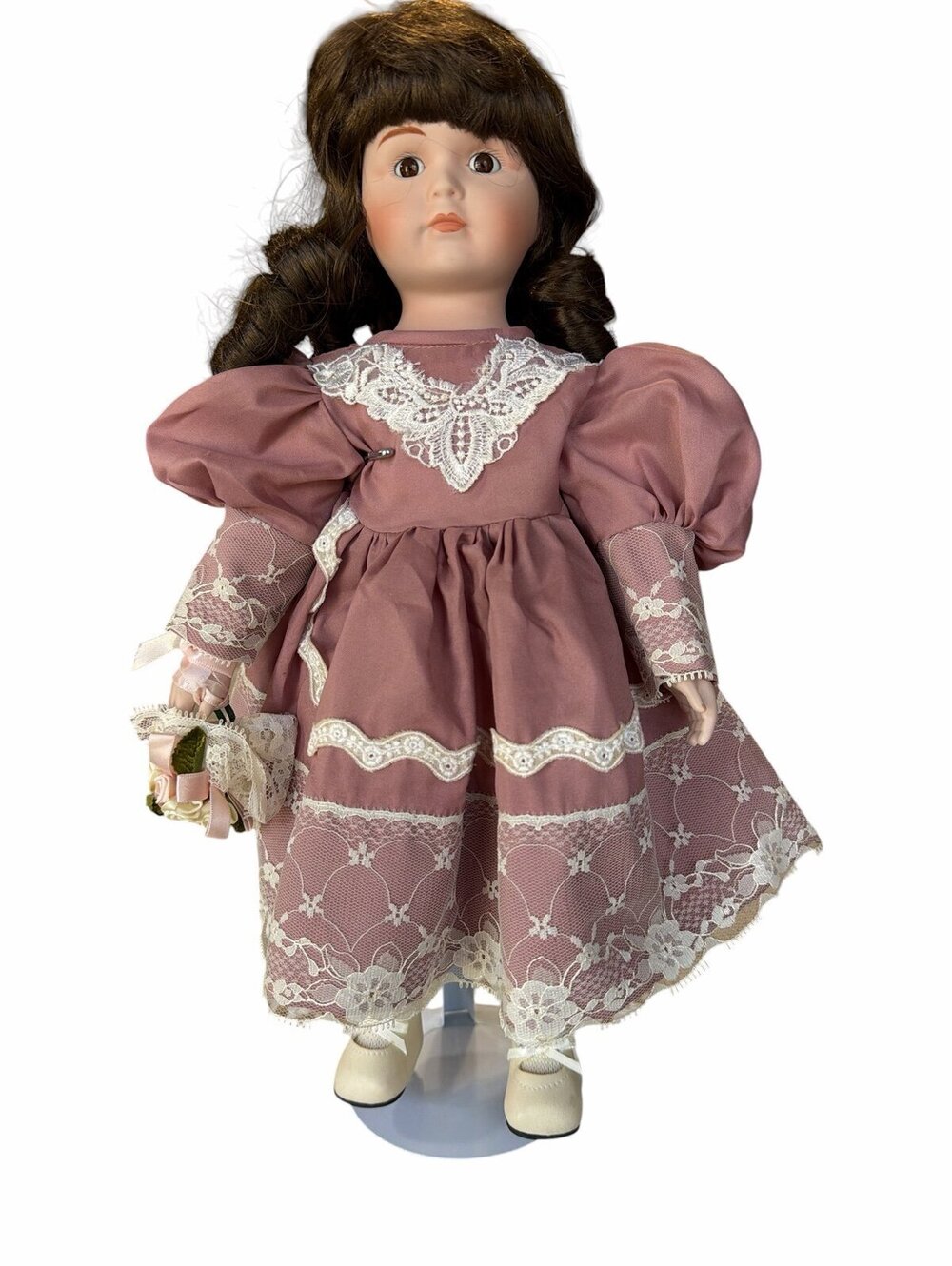 Vintage Porcelain Doll in Pink Lace Dress with Basket